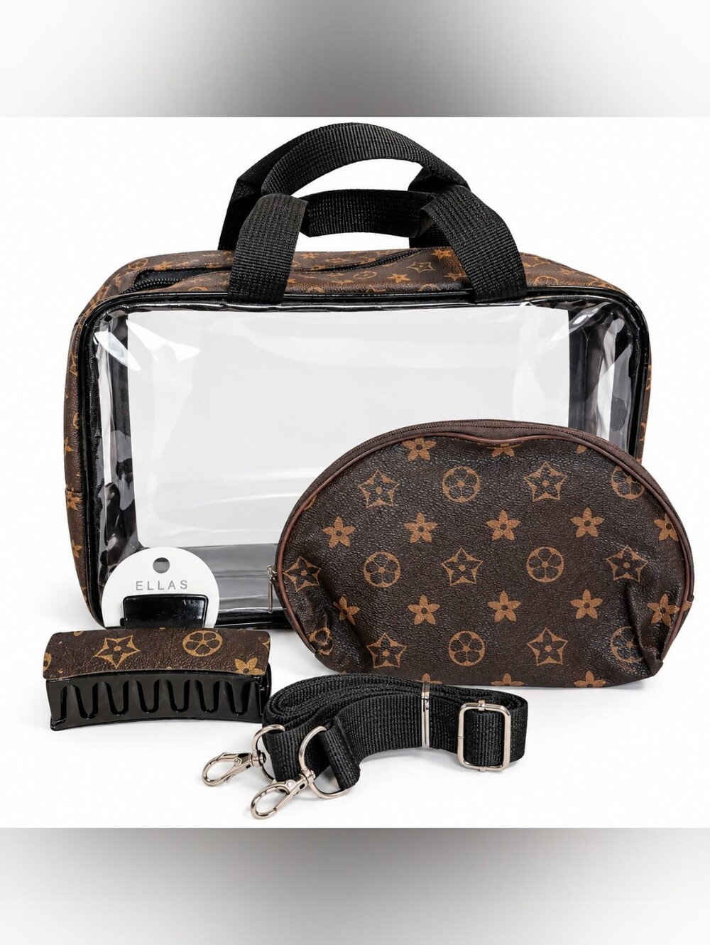 ELLAS Brown Monogram Travel Clear Bag & Accessory Set – Brown